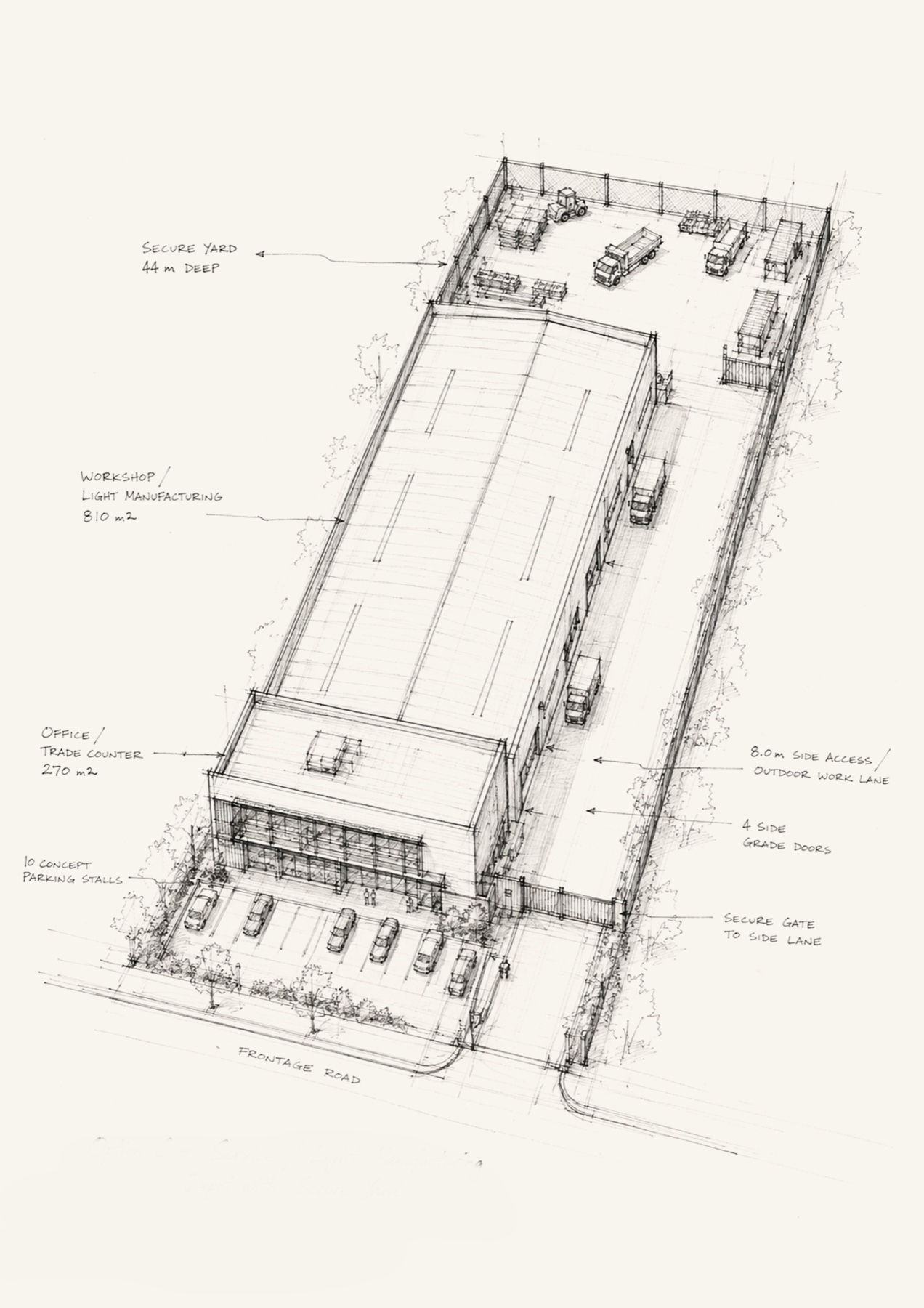 Architectural sketch of a service and light manufacturing depot with office, workshop, side access, and secure yard.