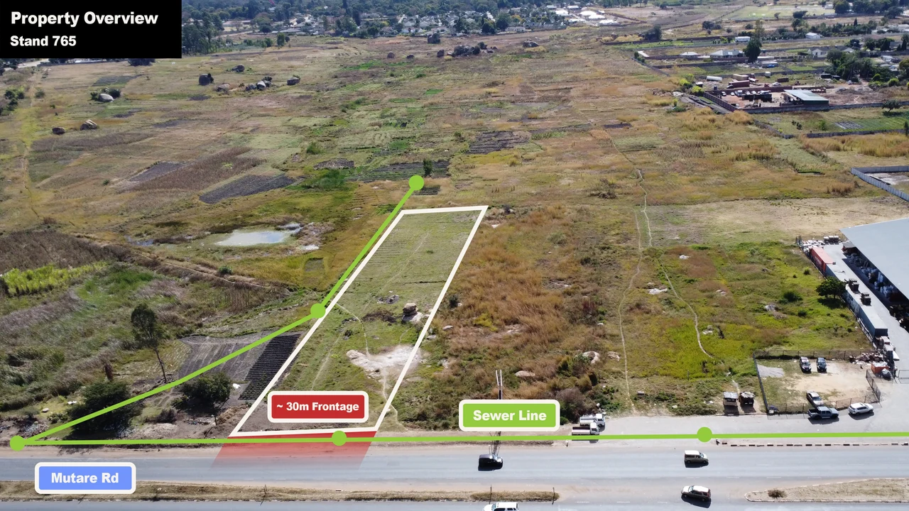 Annotated aerial overview of Stand 765, showing the site boundary, approximately 30 metres of Mutare Road frontage, and the municipal sewer line.