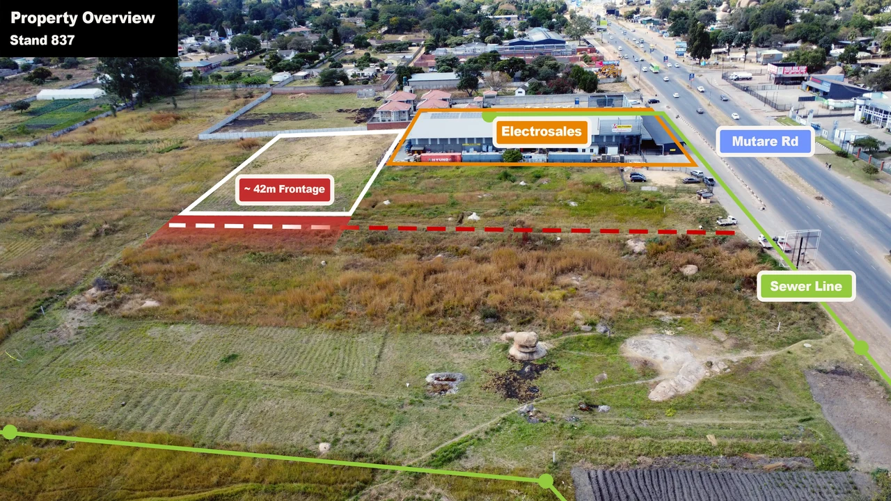 Annotated aerial overview of Stand 837, showing the site boundary, approximately 42 metres of internal-road frontage, and the municipal sewer line.