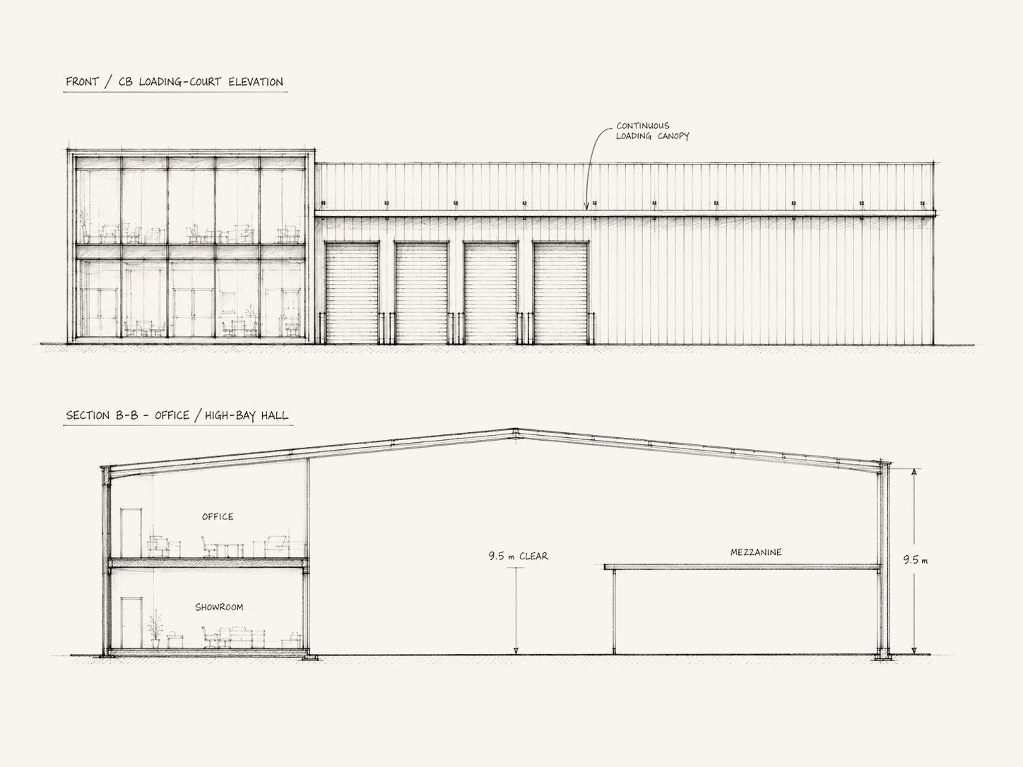 Architectural elevation and section study of a commercial building with offices, showroom, loading canopy, high-bay hall, and mezzanine.